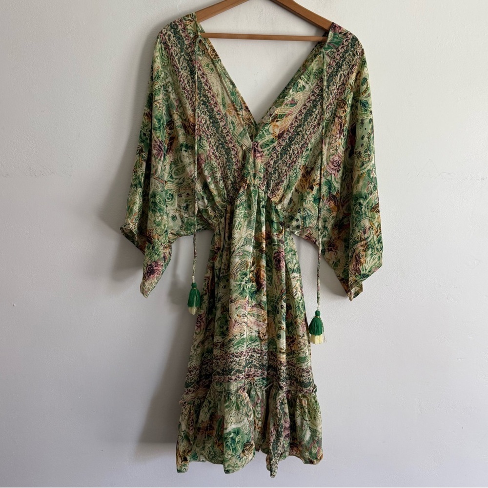 Bohemy Ibiza Silk Bohemian Floral Green Y2K Kimono Short Dress